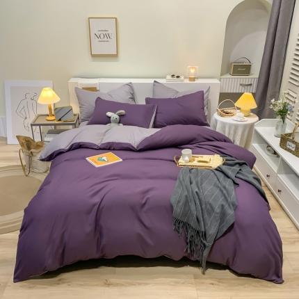 91家纺网 家纺一手货源 找家纺 芷凡家纺 2022新款亲肤磨毛撞色纯色四件套 灰紫+浅灰