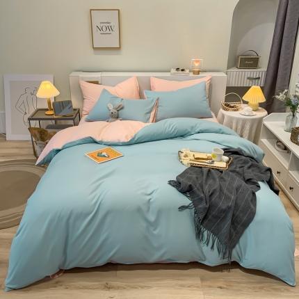 91家纺网 家纺一手货源 找家纺 芷凡家纺 2022新款亲肤磨毛撞色纯色四件套 兰灰+奶油粉