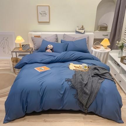 91家纺网 家纺一手货源 找家纺 芷凡家纺 2022新款亲肤磨毛撞色纯色四件套 牛仔蓝