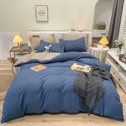 91家纺网 家纺一手货源 找家纺 芷凡家纺 2022新款亲肤磨毛撞色纯色四件套 牛仔蓝+灰驼