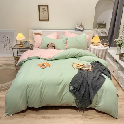 91家纺网 家纺一手货源 找家纺 芷凡家纺 2022新款亲肤磨毛撞色纯色四件套 浅绿+奶油粉