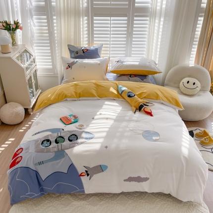 91家纺网 家纺一手货源 找家纺 西西家居 2022新款40支全棉水洗棉精致贴布绣四件套太空船