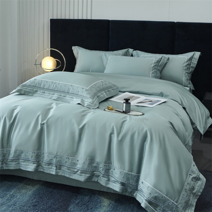 91家纺网 家纺一手货源 找家纺 榻尚 2023豹纹刺绣工艺超柔长绒棉四件套赫拉-湖绿