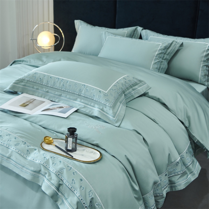 91家纺网 家纺一手货源 找家纺 榻尚 2023豹纹刺绣工艺超柔长绒棉四件套赫拉-湖绿