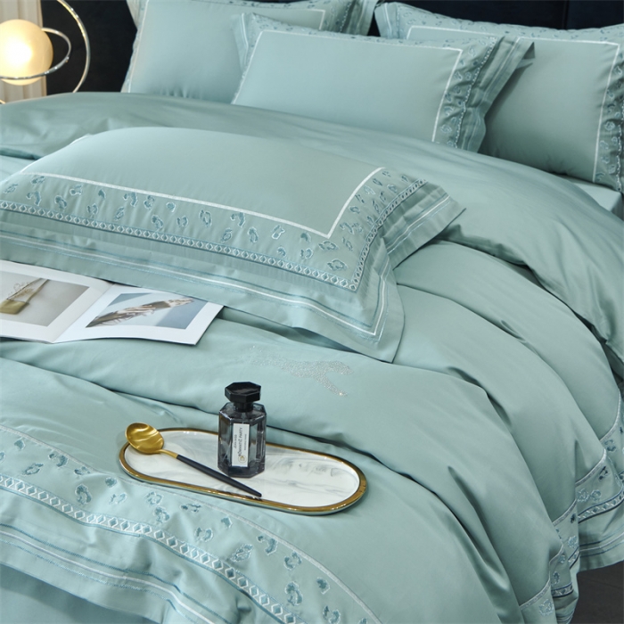 91家纺网 家纺一手货源 找家纺 榻尚 2023豹纹刺绣工艺超柔长绒棉四件套赫拉-湖绿