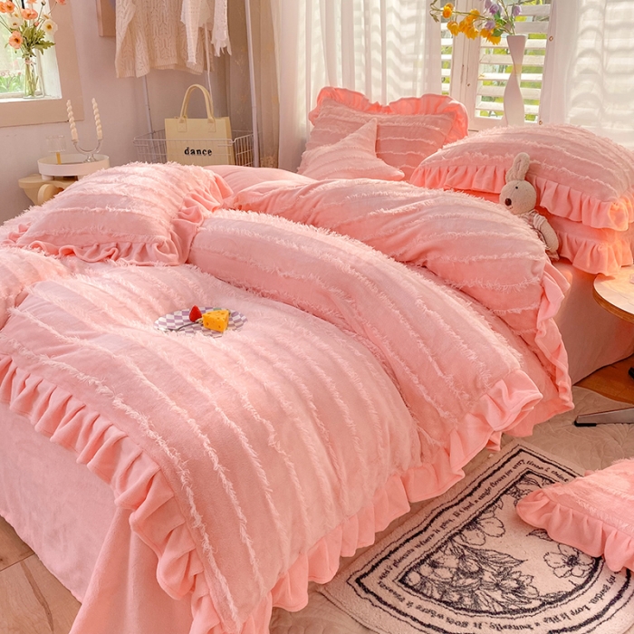 91家纺网 家纺一手货源 找家纺 欧冠家纺 2022新款 高端牛奶绒提花四件套 蜜桃粉