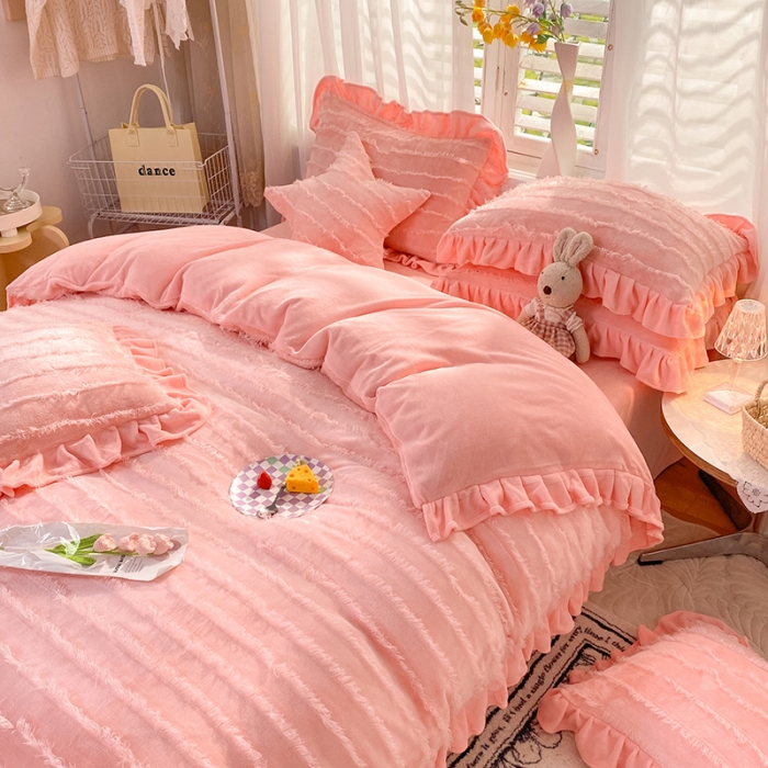 91家纺网 家纺一手货源 找家纺 欧冠家纺 2022新款 高端牛奶绒提花四件套 蜜桃粉