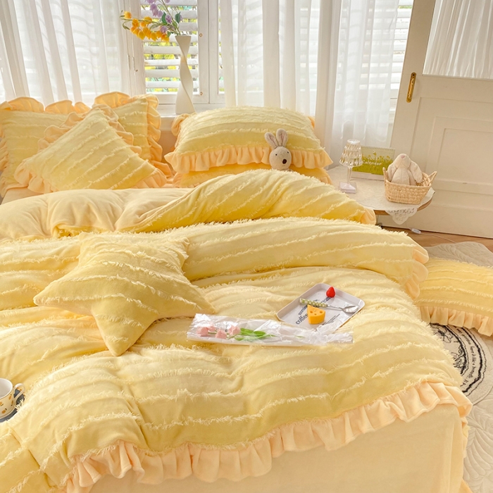 91家纺网 家纺一手货源 找家纺 欧冠家纺 2022新款 高端牛奶绒提花四件套 柠檬黄