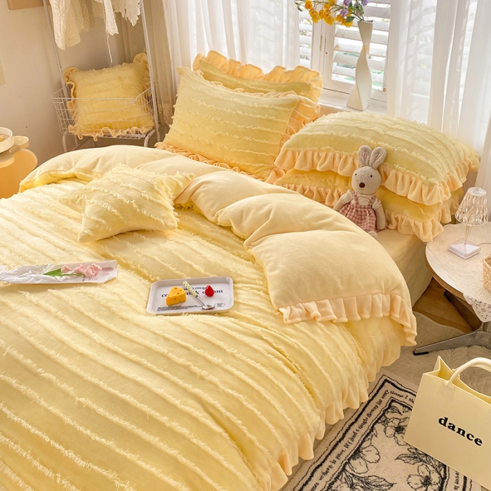 91家纺网 家纺一手货源 找家纺 欧冠家纺 2022新款 高端牛奶绒提花四件套 柠檬黄