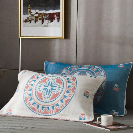 91家纺网 家纺一手货源 找家纺 朴尔  2022年新款波西米亚风全棉四层纱布枕巾一对装 塞尔维亚蓝