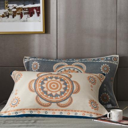 91家纺网 家纺一手货源 找家纺 朴尔  2022年新款波西米亚风全棉四层纱布枕巾一对装 小太阳蓝