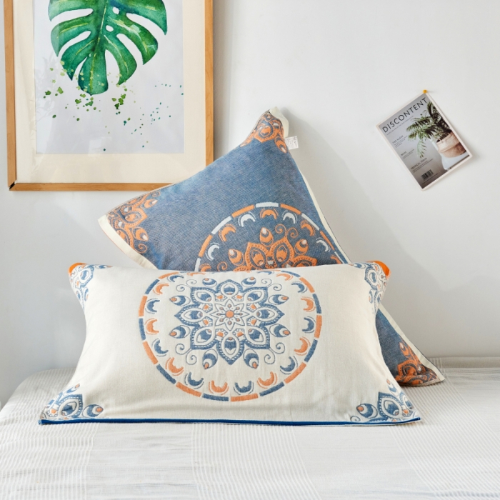 91家纺网 家纺一手货源 找家纺 朴尔  2022年新款波西米亚风全棉四层纱布枕巾一对装 波西米亚