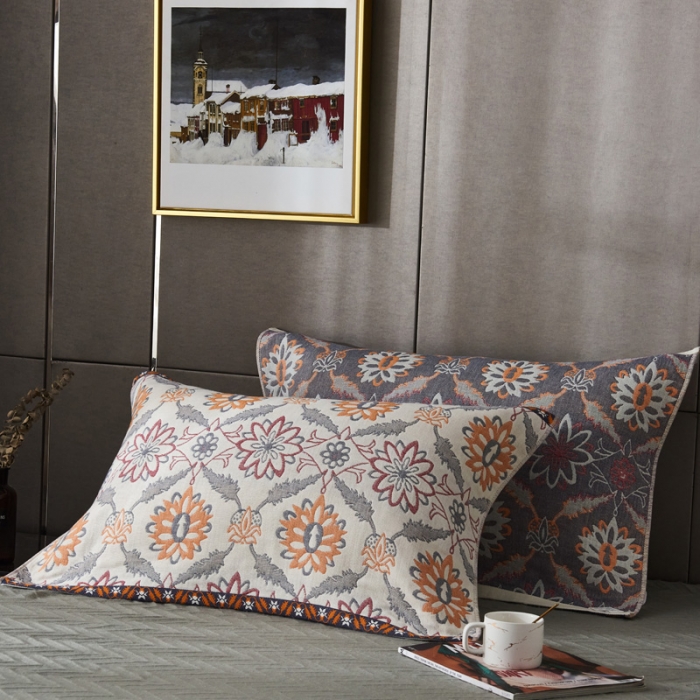 91家纺网 家纺一手货源 找家纺 朴尔  2022年新款波西米亚风全棉四层纱布枕巾一对装 连理枝黄