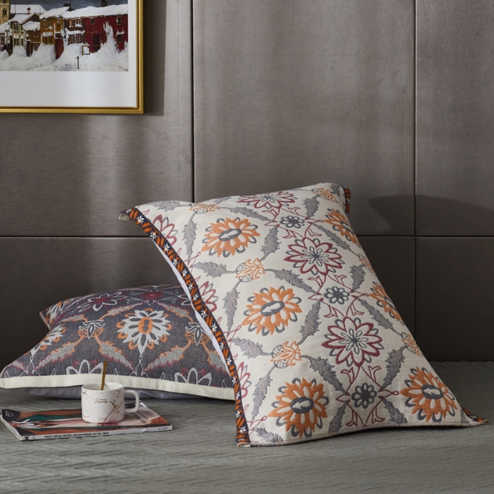 91家纺网 家纺一手货源 找家纺 朴尔  2022年新款波西米亚风全棉四层纱布枕巾一对装 连理枝黄