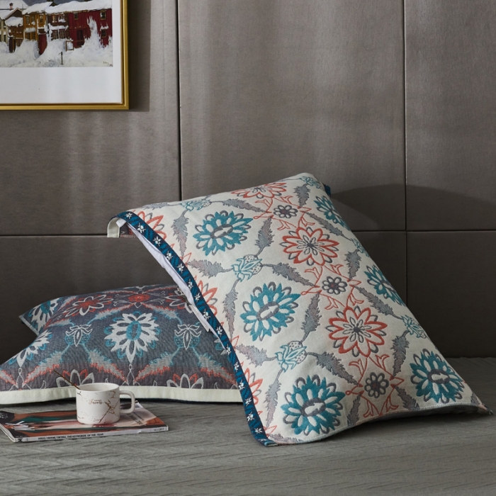 91家纺网 家纺一手货源 找家纺 朴尔  2022年新款波西米亚风全棉四层纱布枕巾一对装 连理枝蓝