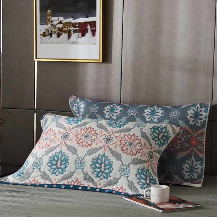 91家纺网 家纺一手货源 找家纺 朴尔  2022年新款波西米亚风全棉四层纱布枕巾一对装 连理枝蓝