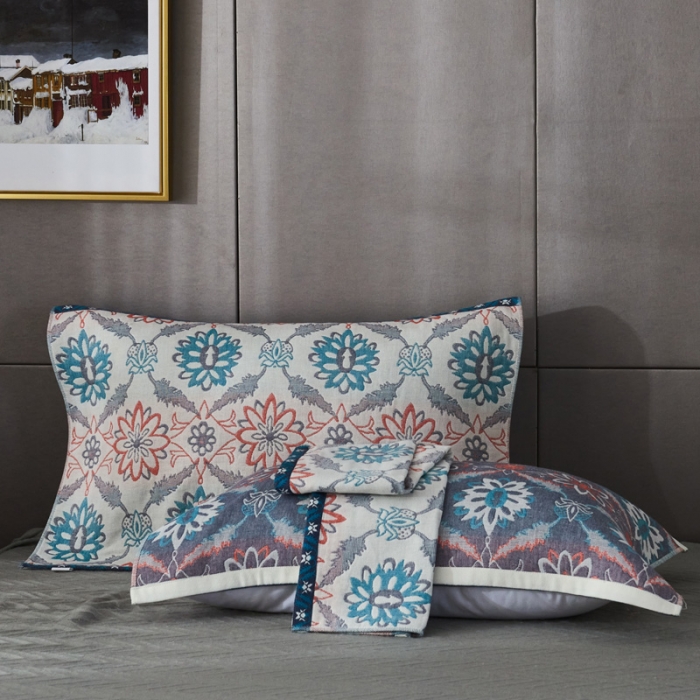 91家纺网 家纺一手货源 找家纺 朴尔  2022年新款波西米亚风全棉四层纱布枕巾一对装 连理枝蓝