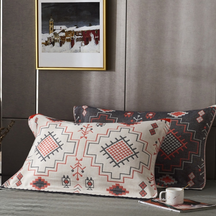 91家纺网 家纺一手货源 找家纺 朴尔  2022年新款波西米亚风全棉四层纱布枕巾一对装 迷宫灰