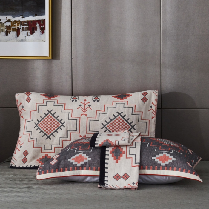 91家纺网 家纺一手货源 找家纺 朴尔  2022年新款波西米亚风全棉四层纱布枕巾一对装 迷宫灰