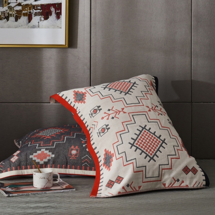 91家纺网 家纺一手货源 找家纺 朴尔  2022年新款波西米亚风全棉四层纱布枕巾一对装 迷宫灰