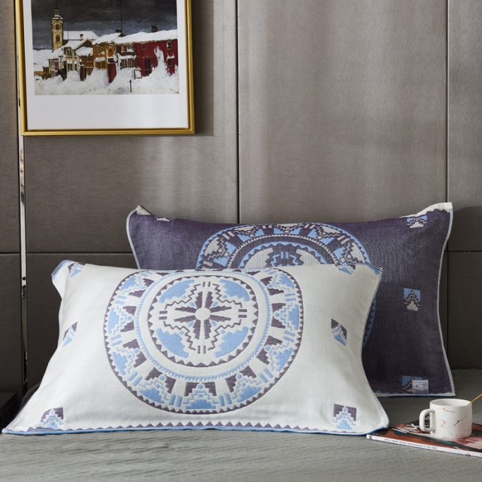 91家纺网 家纺一手货源 找家纺 朴尔  2022年新款波西米亚风全棉四层纱布枕巾一对装 秘密蓝