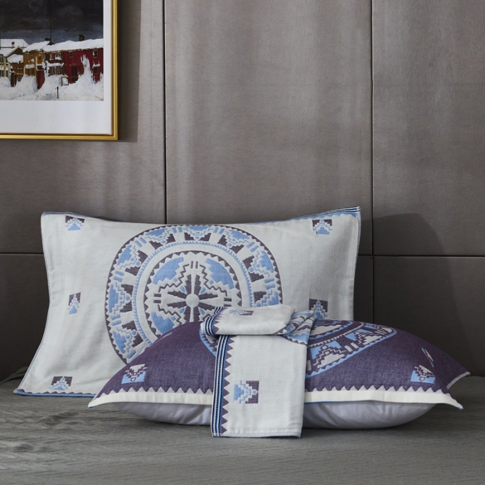 91家纺网 家纺一手货源 找家纺 朴尔  2022年新款波西米亚风全棉四层纱布枕巾一对装 秘密蓝