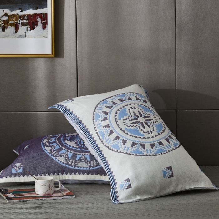 91家纺网 家纺一手货源 找家纺 朴尔  2022年新款波西米亚风全棉四层纱布枕巾一对装 秘密蓝