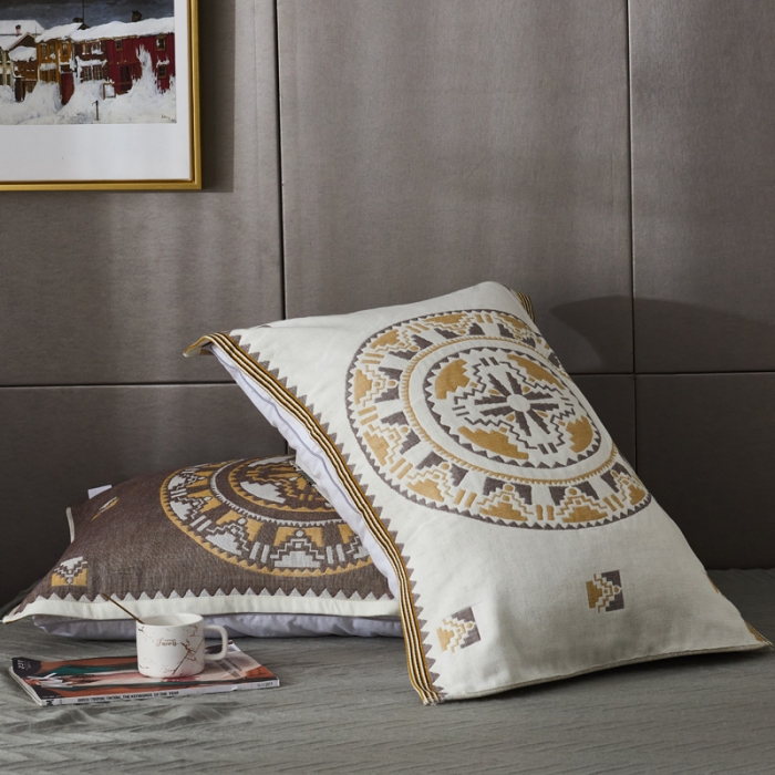 91家纺网 家纺一手货源 找家纺 朴尔  2022年新款波西米亚风全棉四层纱布枕巾一对装 秘密驼