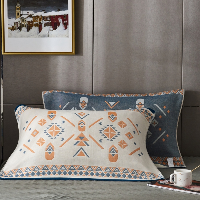 91家纺网 家纺一手货源 找家纺 朴尔  2022年新款波西米亚风全棉四层纱布枕巾一对装 莫斯蓝