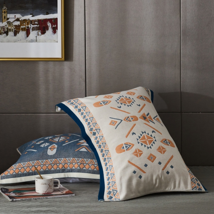 91家纺网 家纺一手货源 找家纺 朴尔  2022年新款波西米亚风全棉四层纱布枕巾一对装 莫斯蓝