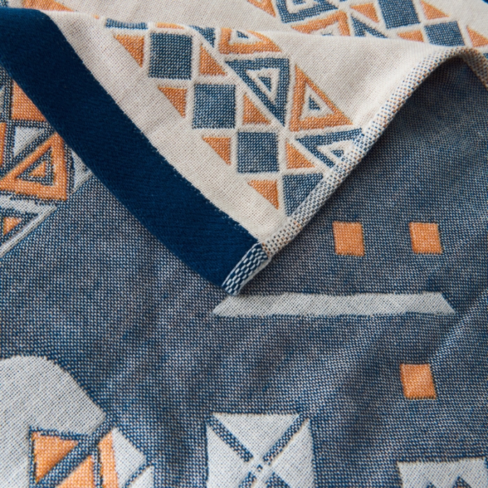 91家纺网 家纺一手货源 找家纺 朴尔  2022年新款波西米亚风全棉四层纱布枕巾一对装 莫斯蓝