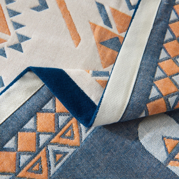 91家纺网 家纺一手货源 找家纺 朴尔  2022年新款波西米亚风全棉四层纱布枕巾一对装 莫斯蓝