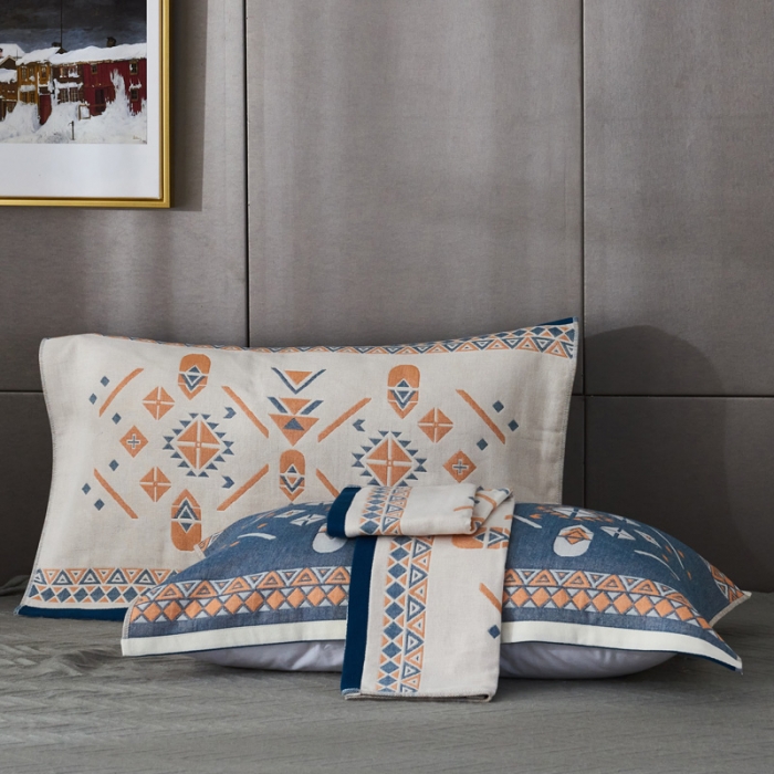 91家纺网 家纺一手货源 找家纺 朴尔  2022年新款波西米亚风全棉四层纱布枕巾一对装 莫斯蓝