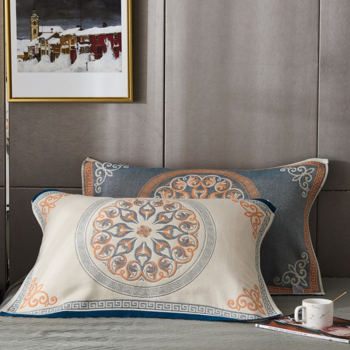 91家纺网 家纺一手货源 找家纺 朴尔  2022年新款波西米亚风全棉四层纱布枕巾一对装 燃烧