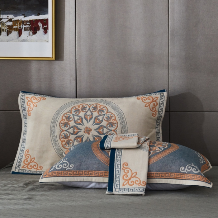 91家纺网 家纺一手货源 找家纺 朴尔  2022年新款波西米亚风全棉四层纱布枕巾一对装 燃烧