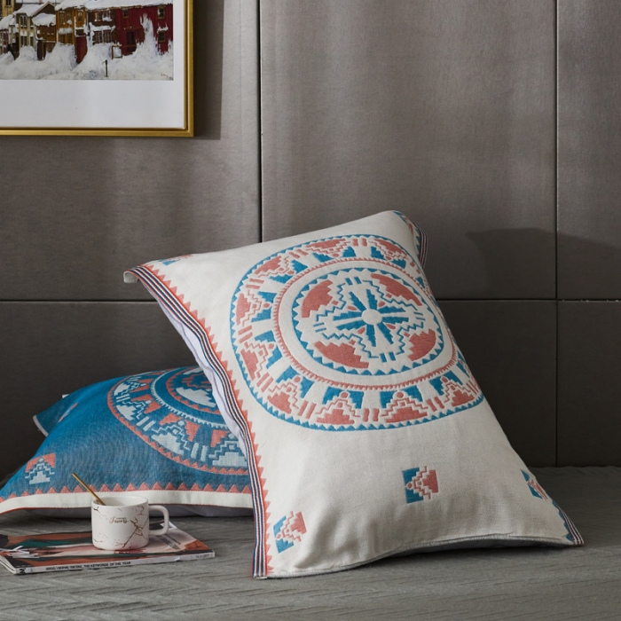 91家纺网 家纺一手货源 找家纺 朴尔  2022年新款波西米亚风全棉四层纱布枕巾一对装 塞尔维亚蓝