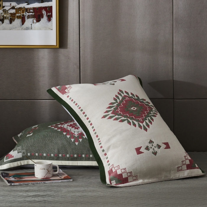 91家纺网 家纺一手货源 找家纺 朴尔  2022年新款波西米亚风全棉四层纱布枕巾一对装 塔塔西蓝