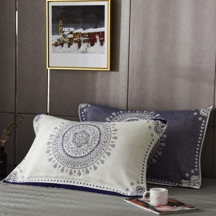 朴尔  2022年新款波西米亚风全棉四层纱布枕巾一对装 太阳神蓝