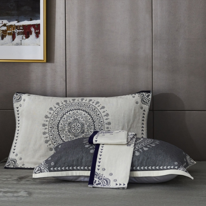 91家纺网 家纺一手货源 找家纺 朴尔  2022年新款波西米亚风全棉四层纱布枕巾一对装 太阳神蓝