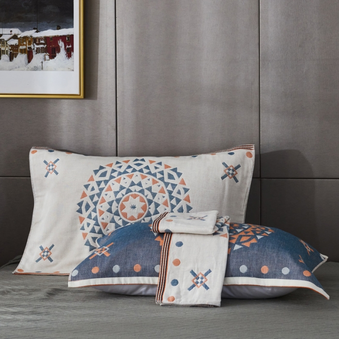 91家纺网 家纺一手货源 找家纺 朴尔  2022年新款波西米亚风全棉四层纱布枕巾一对装 特洛伊蓝