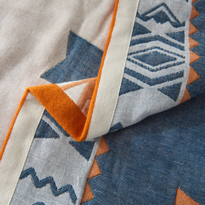 91家纺网 家纺一手货源 找家纺 朴尔  2022年新款波西米亚风全棉四层纱布枕巾一对装 拓卡斯蓝