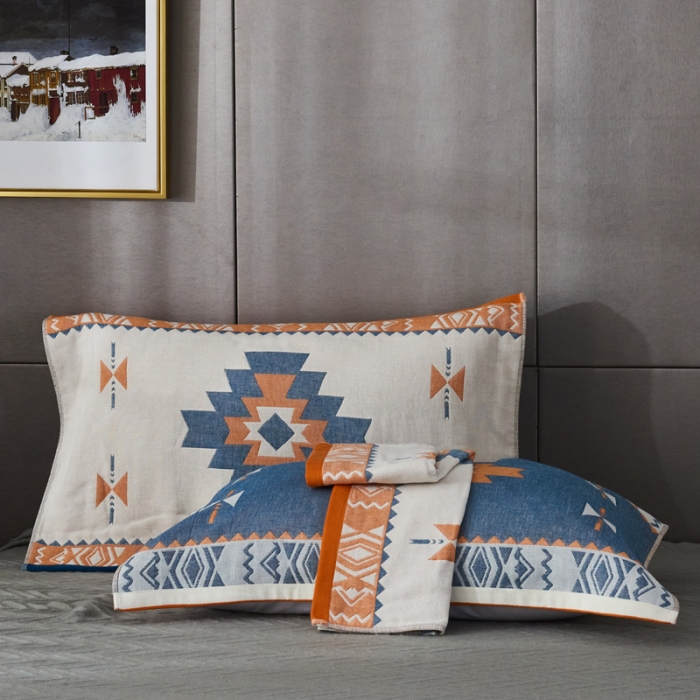 91家纺网 家纺一手货源 找家纺 朴尔  2022年新款波西米亚风全棉四层纱布枕巾一对装 拓卡斯蓝