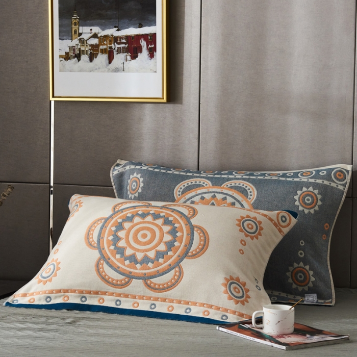 91家纺网 家纺一手货源 找家纺 朴尔  2022年新款波西米亚风全棉四层纱布枕巾一对装 小太阳蓝