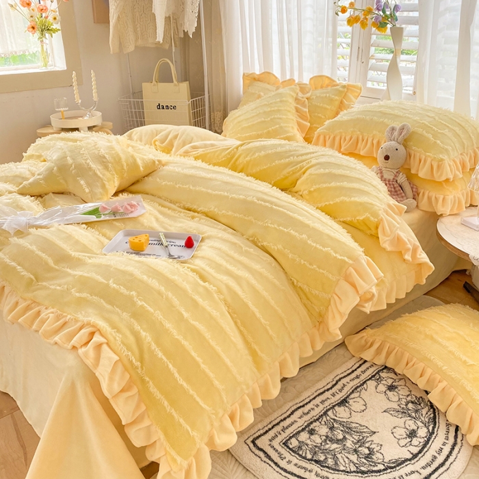 91家纺网 家纺一手货源 找家纺 绒世界 2022新款 高端牛奶绒提花四件套 柠檬黄