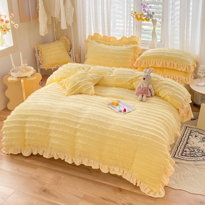 91家纺网 家纺一手货源 找家纺 绒世界 2022新款 高端牛奶绒提花四件套 柠檬黄