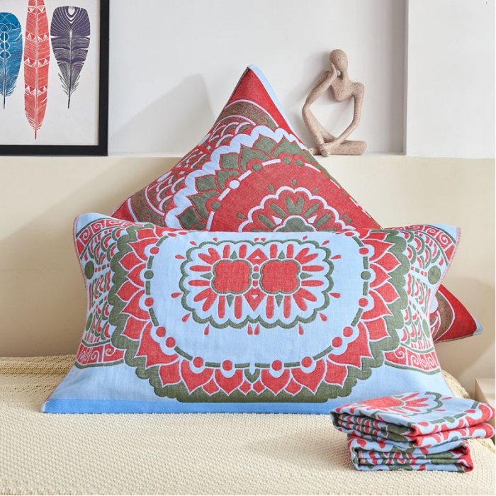 91家纺网 家纺一手货源 找家纺 朴尔 2022年民族风彩棉系列四层纱布枕巾 大丽花兰