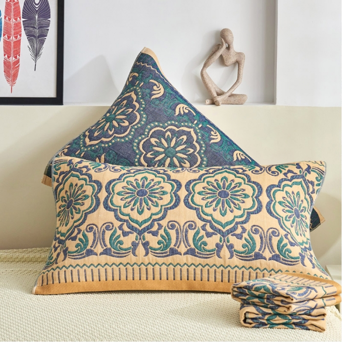 91家纺网 家纺一手货源 找家纺 朴尔 2022年民族风彩棉系列四层纱布枕巾 花团锦簇-黄