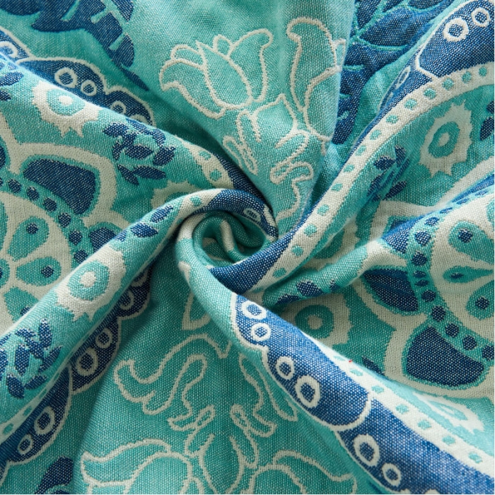 91家纺网 家纺一手货源 找家纺 朴尔 2022年民族风彩棉系列四层纱布枕巾 太阳花绿