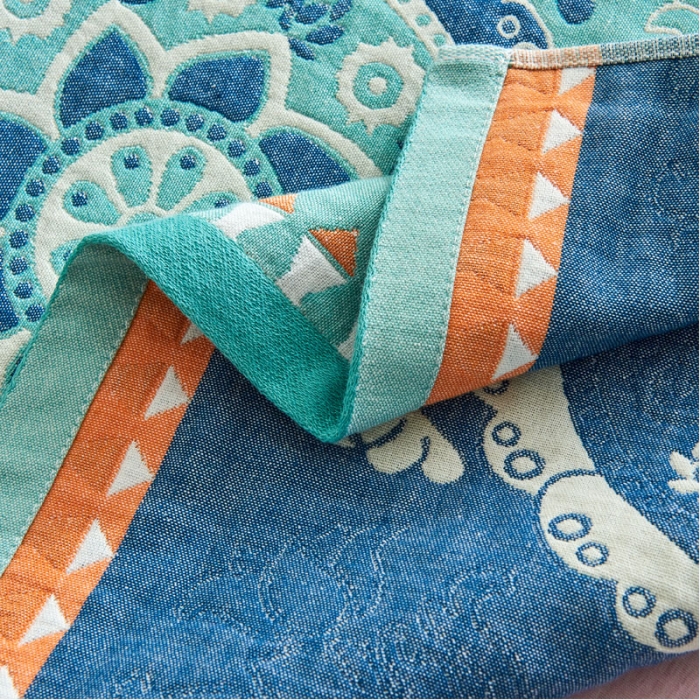 91家纺网 家纺一手货源 找家纺 朴尔 2022年民族风彩棉系列四层纱布枕巾 太阳花绿