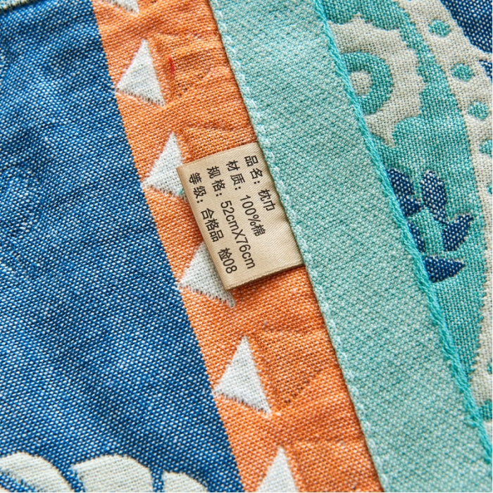 91家纺网 家纺一手货源 找家纺 朴尔 2022年民族风彩棉系列四层纱布枕巾 太阳花绿